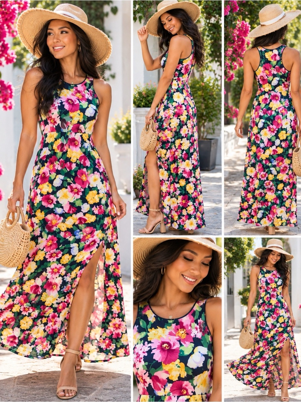 Beeson River Garden Flower Floral Slit Maxi Dress Slimming Silhouette Sleeveless